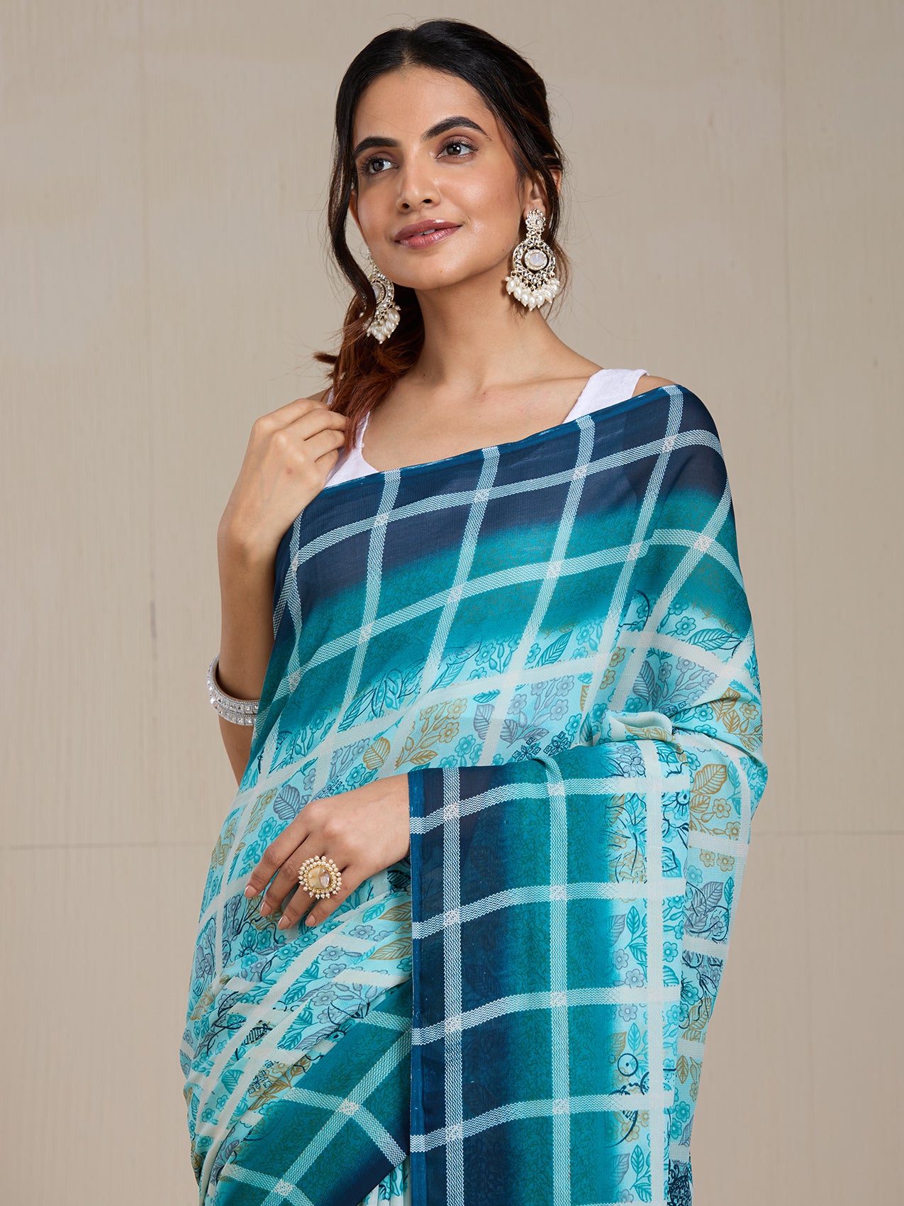 Vervee Couture Blue Green Checked Poly Georgette Saree | EKA