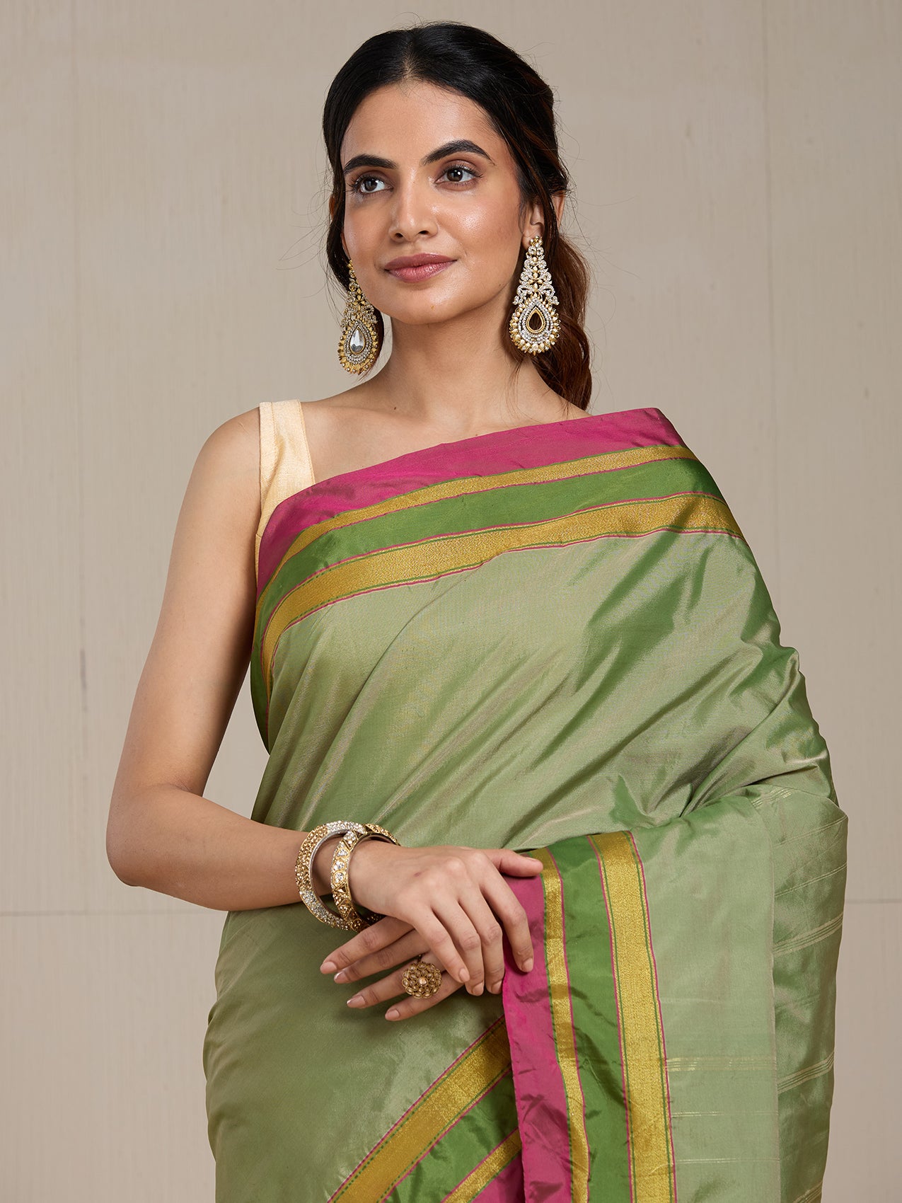 Vervee Couture Green Pink Silk Blend Saree with Zari Border | EKA