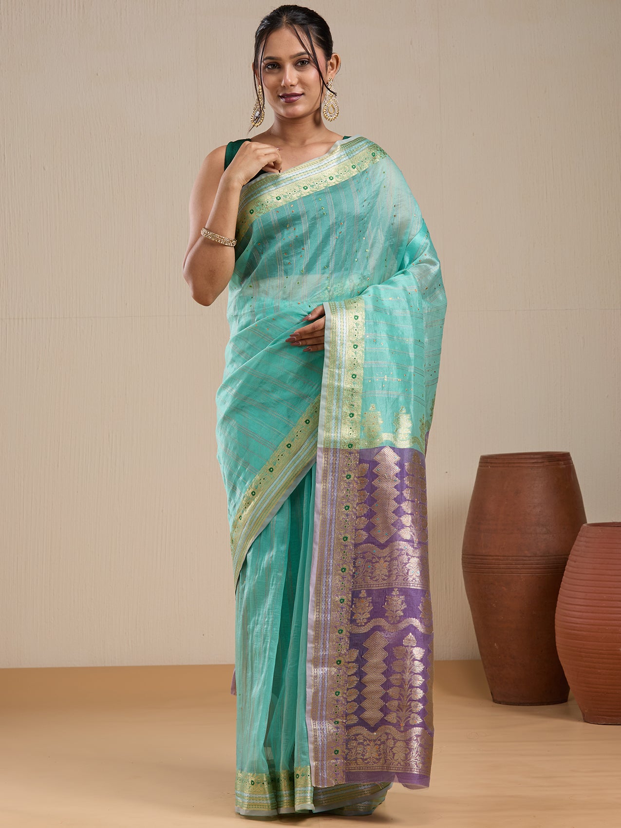 Vervee Couture Mint Green Silk Blend Saree with Purple Zari Border | EKA