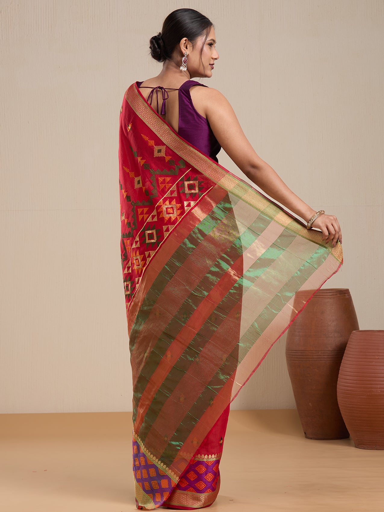 Vervee Couture Red Silk Blend Saree with Zari Border and Semi Stitched Blouse | EKA