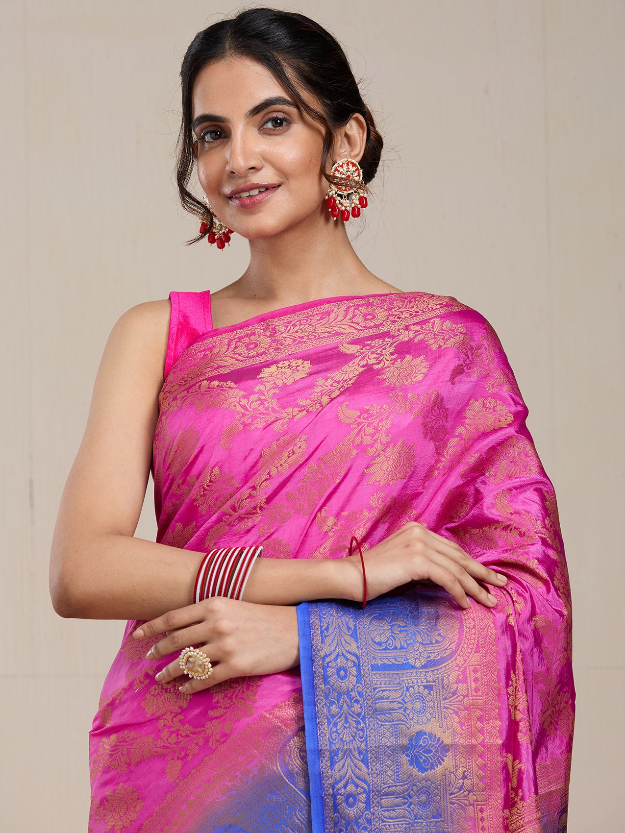 Vervee Couture Pink Blue Woven Silk Blend Saree with Zari Border | EKA