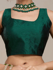 Vervee Couture Green Silk Blend Saree with Zari Border and Semi Stitched Blouse | EKA