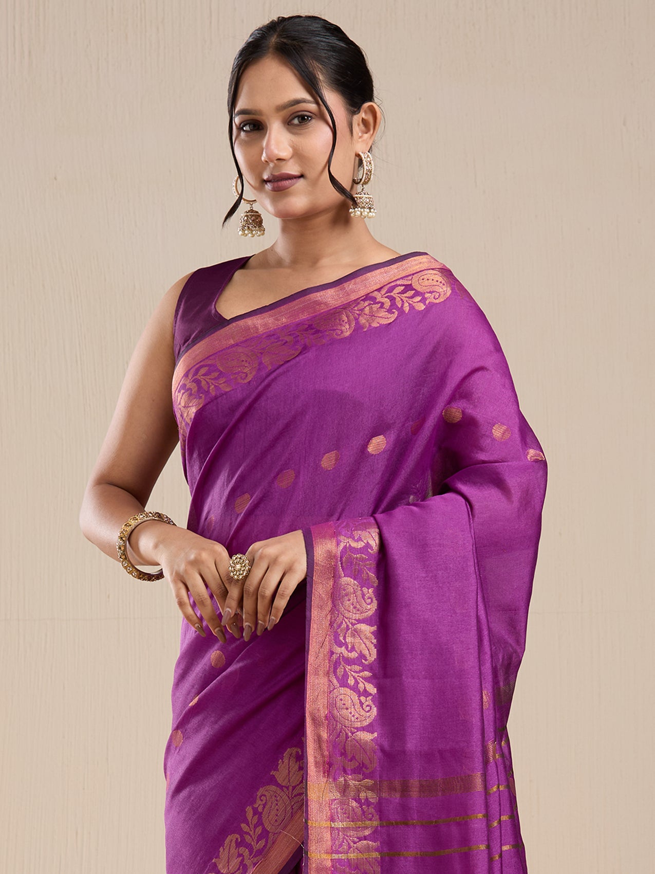 Vervee Couture Purple Silk Blend Saree with Zari Border and Semi Stitched Blouse | EKA