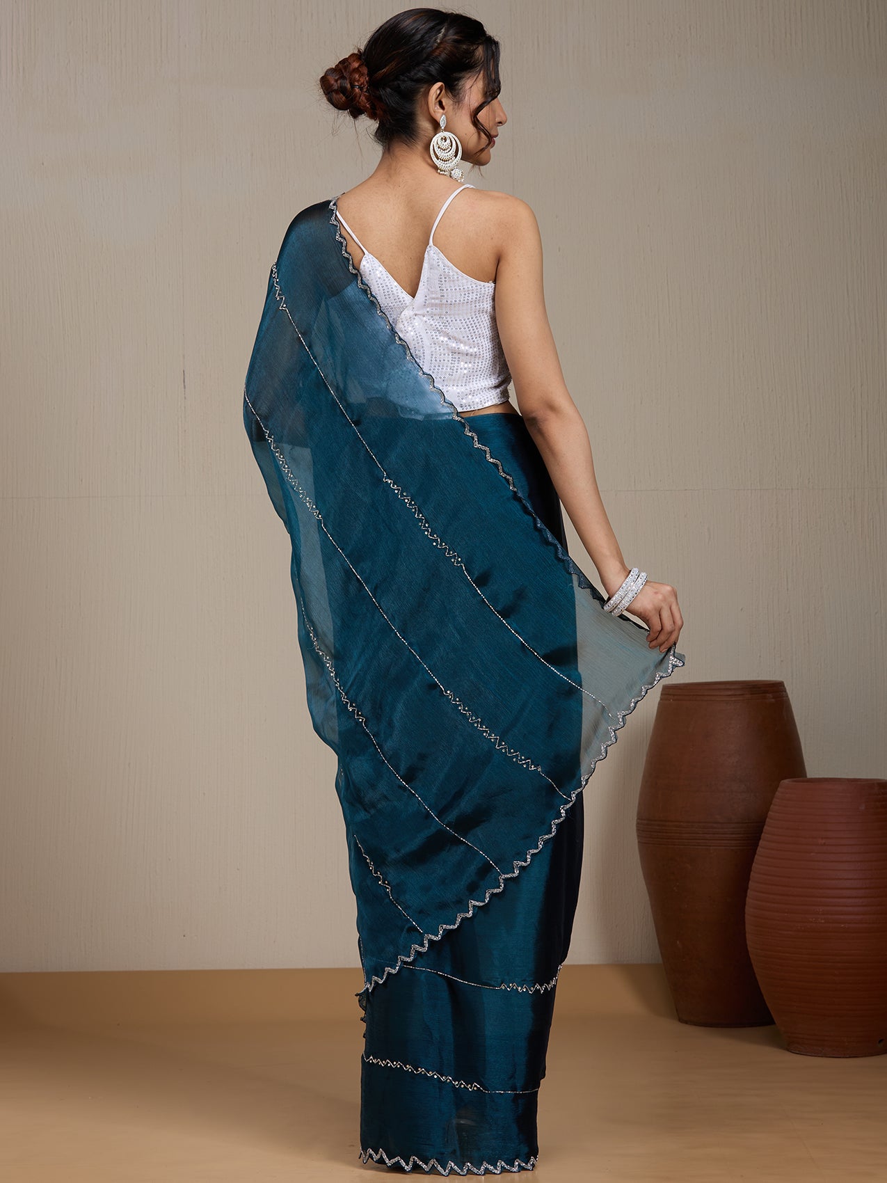 Vervee Couture Blue Poly Georgette Saree with Embellished Border and Semi Stitched Blouse | EKA
