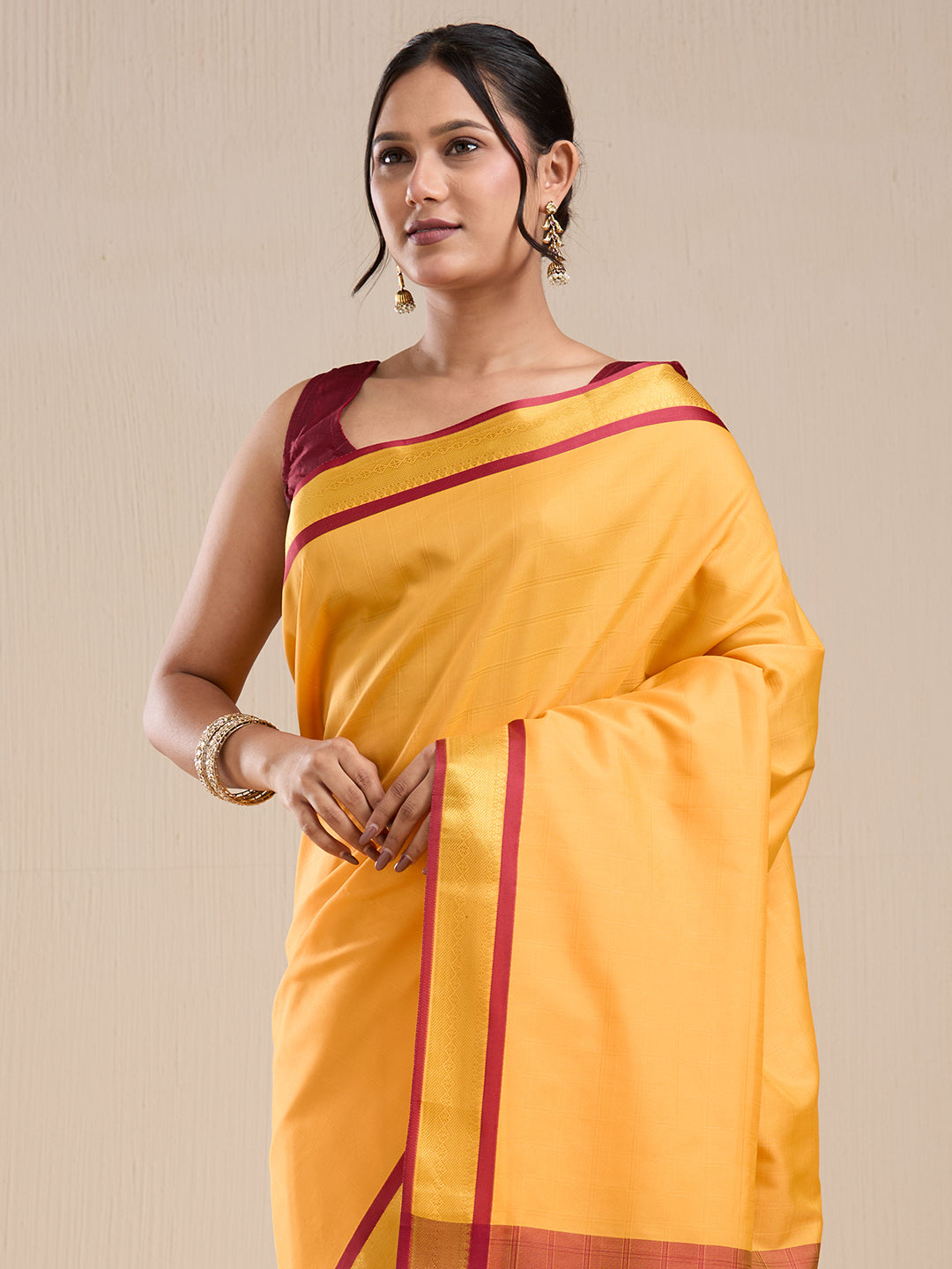 Vervee Couture Yellow Silk Blend Saree with Contrast Border and Semi Stitched Blouse | EKA