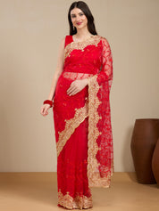 Vervee Couture Red Pure Net Saree with Floral Zari Border | EKA