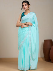 Vervee Couture Turquoise Blue Poly Georgette Embellished Saree | EKA