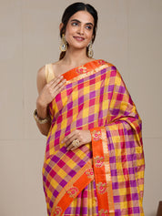 Vervee Couture Yellow Pink Checked Silk Blend Saree with Zari Border | EKA