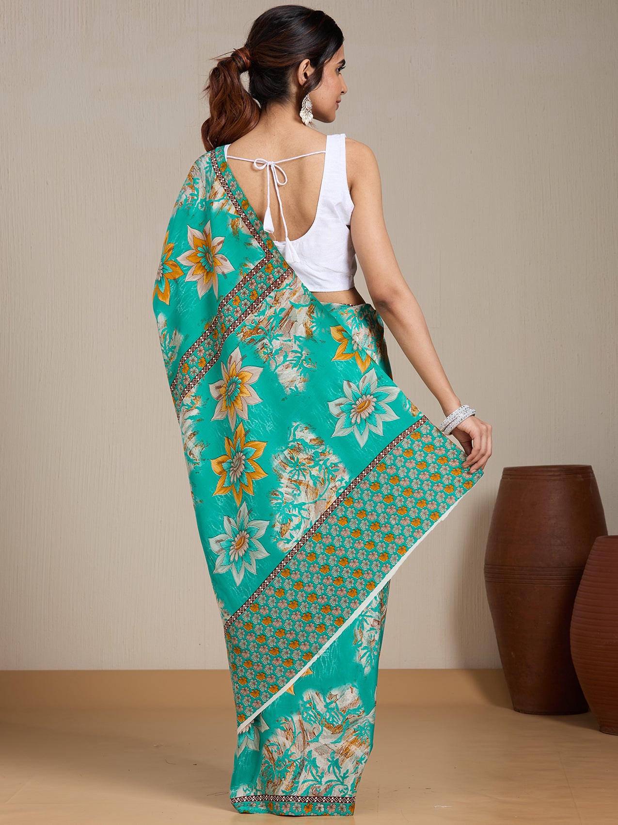 Vervee Couture Blue Yellow Floral Printed Poly Georgette Saree | EKA