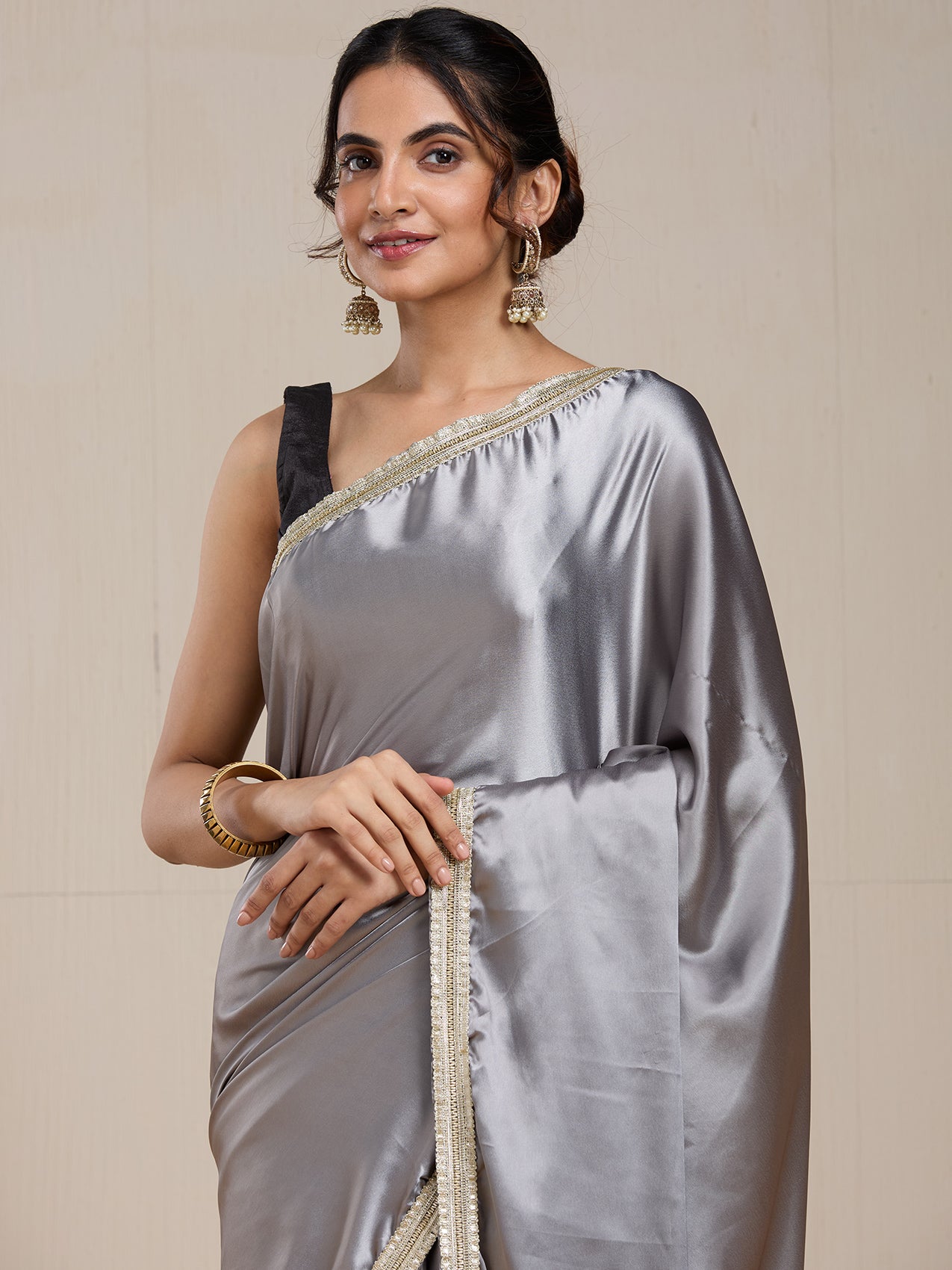 Vervee Couture Grey Satin Saree with Zari Border | EKA
