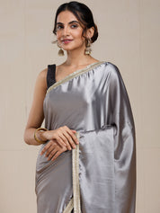 Vervee Couture Grey Satin Saree with Zari Border | EKA