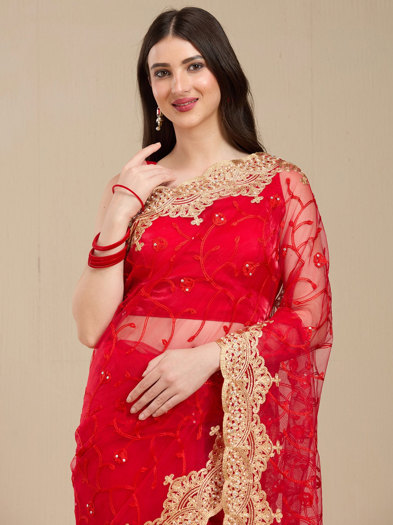 Vervee Couture Red Pure Net Saree with Floral Zari Border | EKA