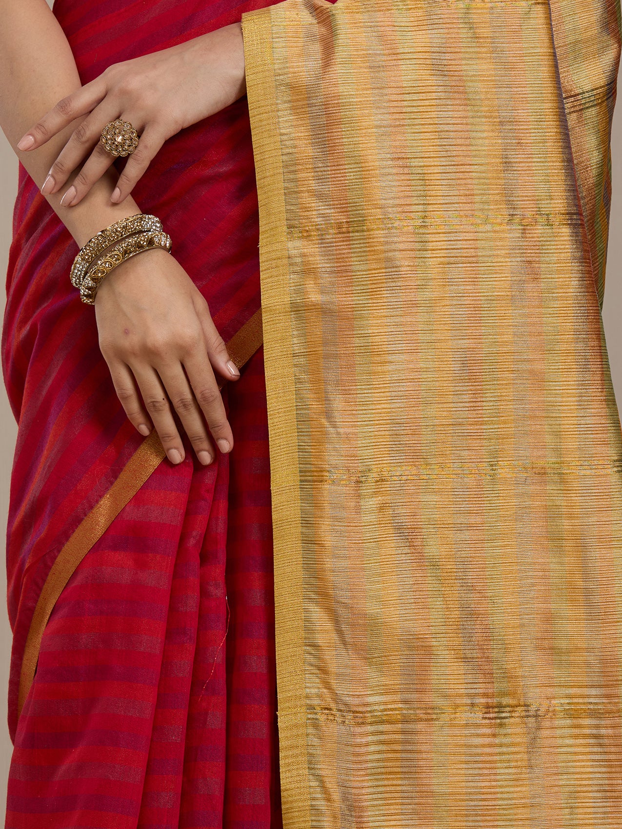 Vervee Couture Red Gold Striped Silk Blend Saree with Semi Stitched Blouse | EKA