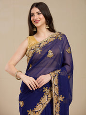 Vervee Couture Blue Poly Georgette Saree with Embroidered Border | EKA