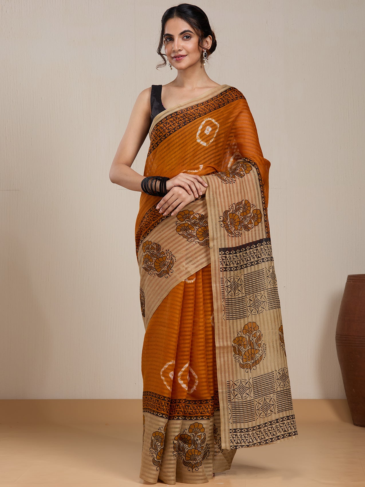 Vervee Couture Orange Beige Printed Poly Georgette Saree | EKA