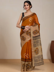 Vervee Couture Orange Beige Printed Poly Georgette Saree | EKA