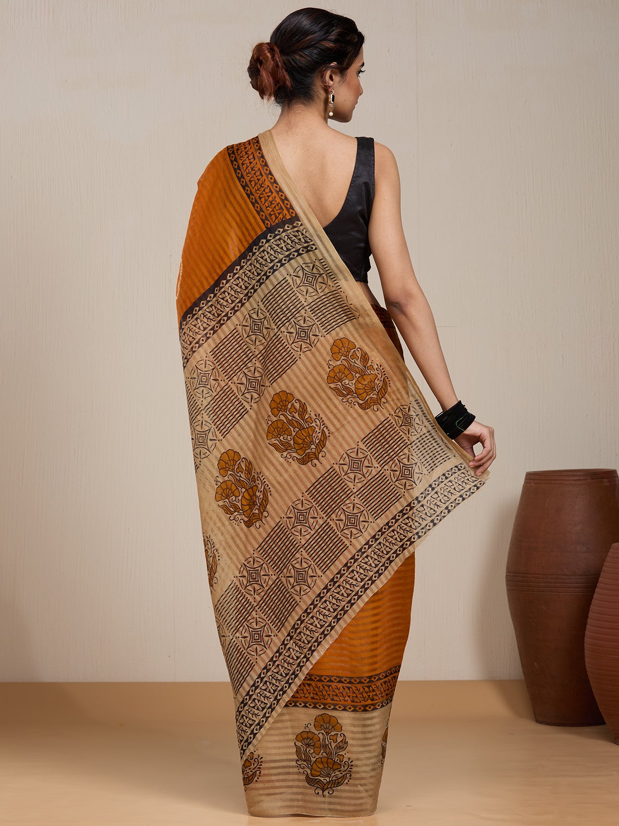 Vervee Couture Orange Beige Printed Poly Georgette Saree | EKA