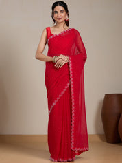 Vervee Couture Red Solid Poly Georgette Saree with Scalloped Border | EKA