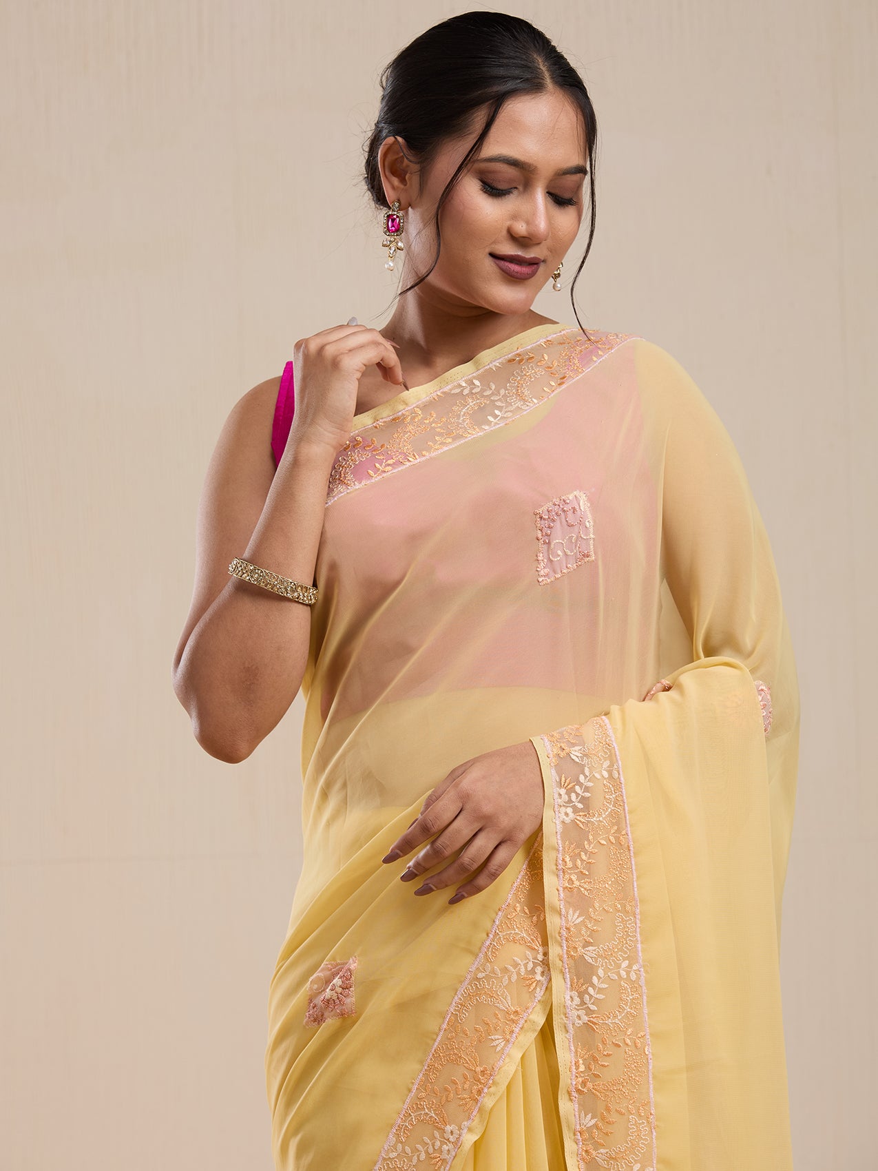 Vervee Couture Yellow Poly Georgette Embellished Saree with Semi Stitched Blouse | EKA