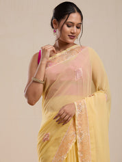 Vervee Couture Yellow Poly Georgette Embellished Saree with Semi Stitched Blouse | EKA