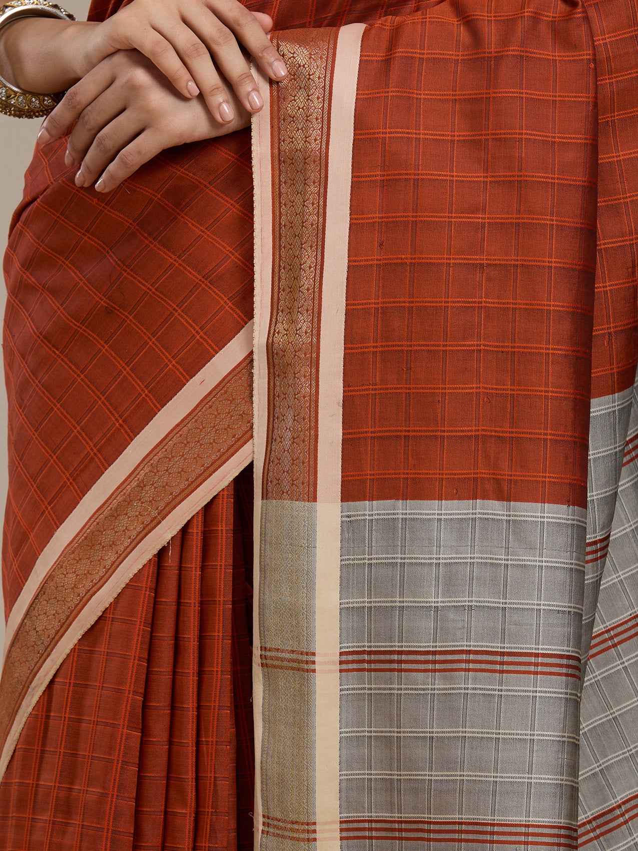 Vervee Couture Rust Grey Woven Silk Blend Saree with Semi Stitched Blouse | EKA