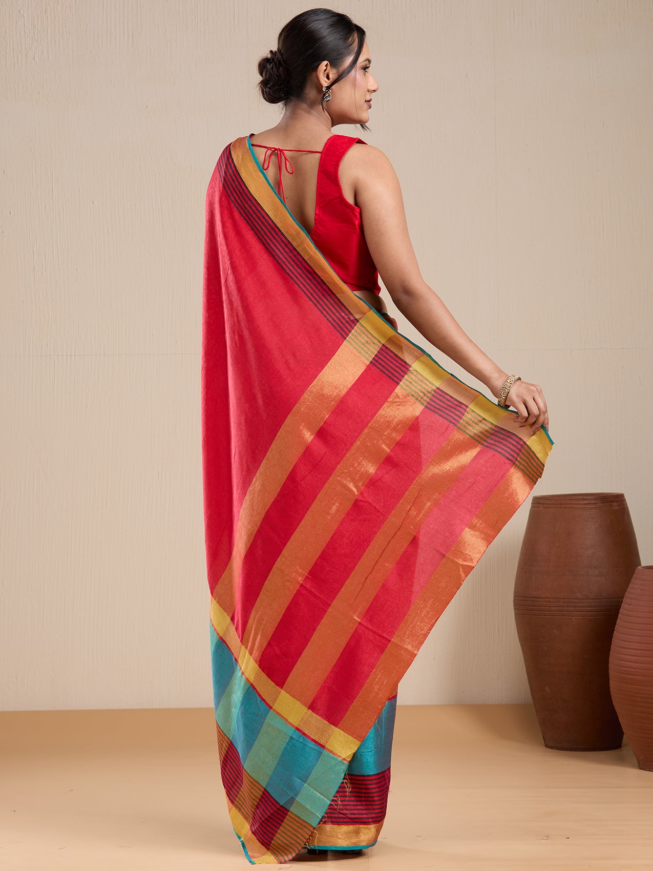 Vervee Couture Red Silk Blend Saree with Contrast Border | EKA
