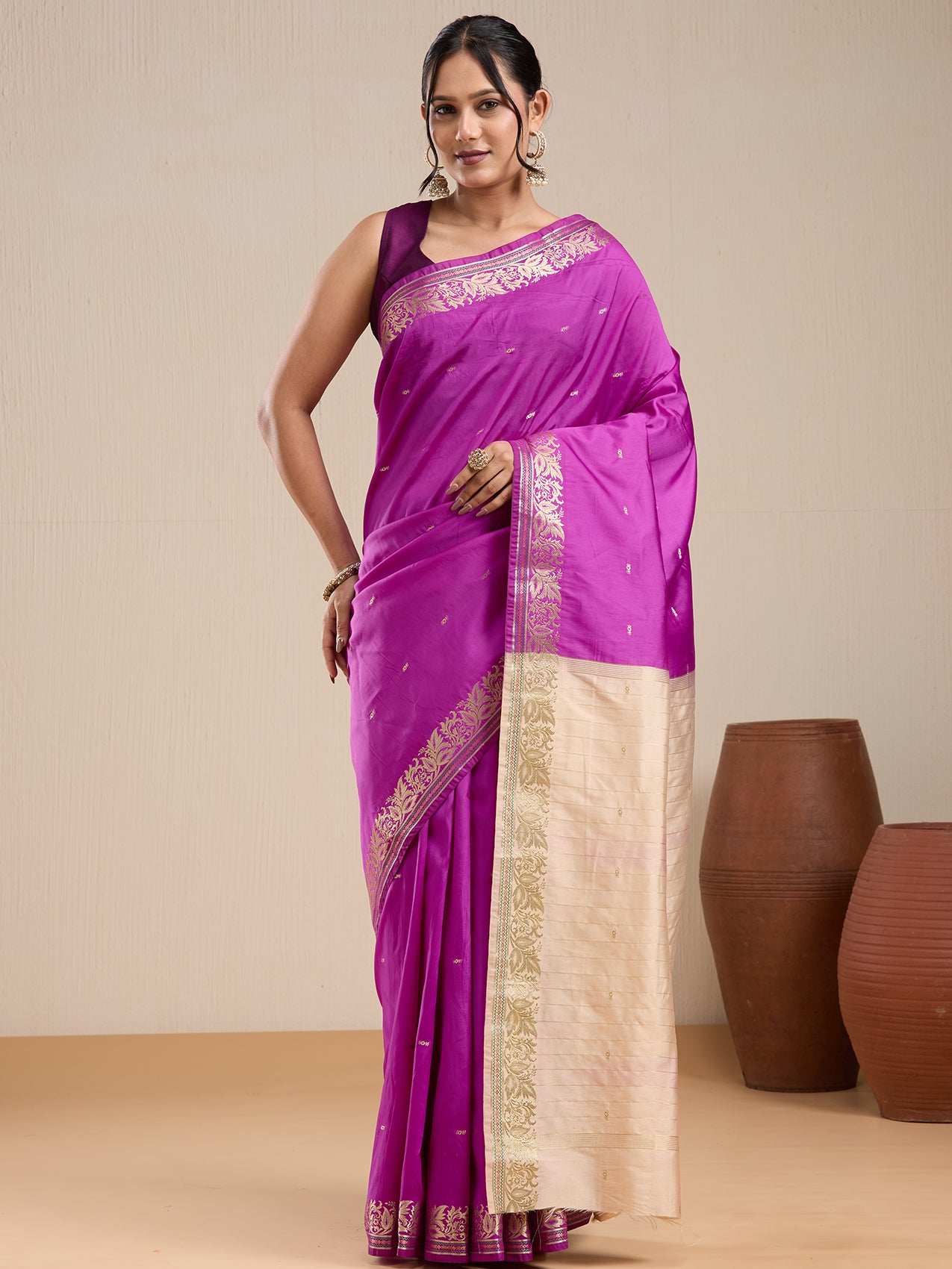 Vervee Couture Purple Silk Blend Saree with Zari Border and Semi Stitched Blouse | EKA