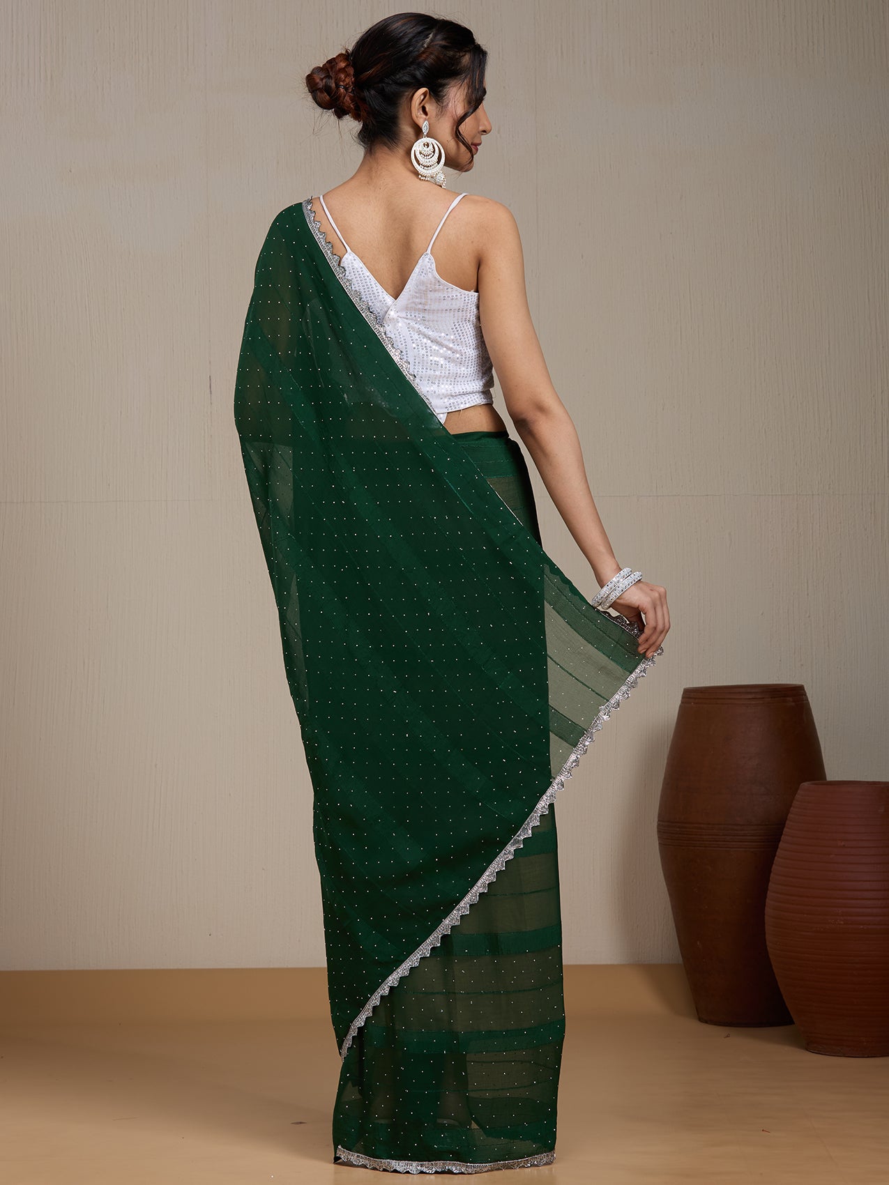 Vervee Couture Forest Green Poly Georgette Embellished Saree | EKA