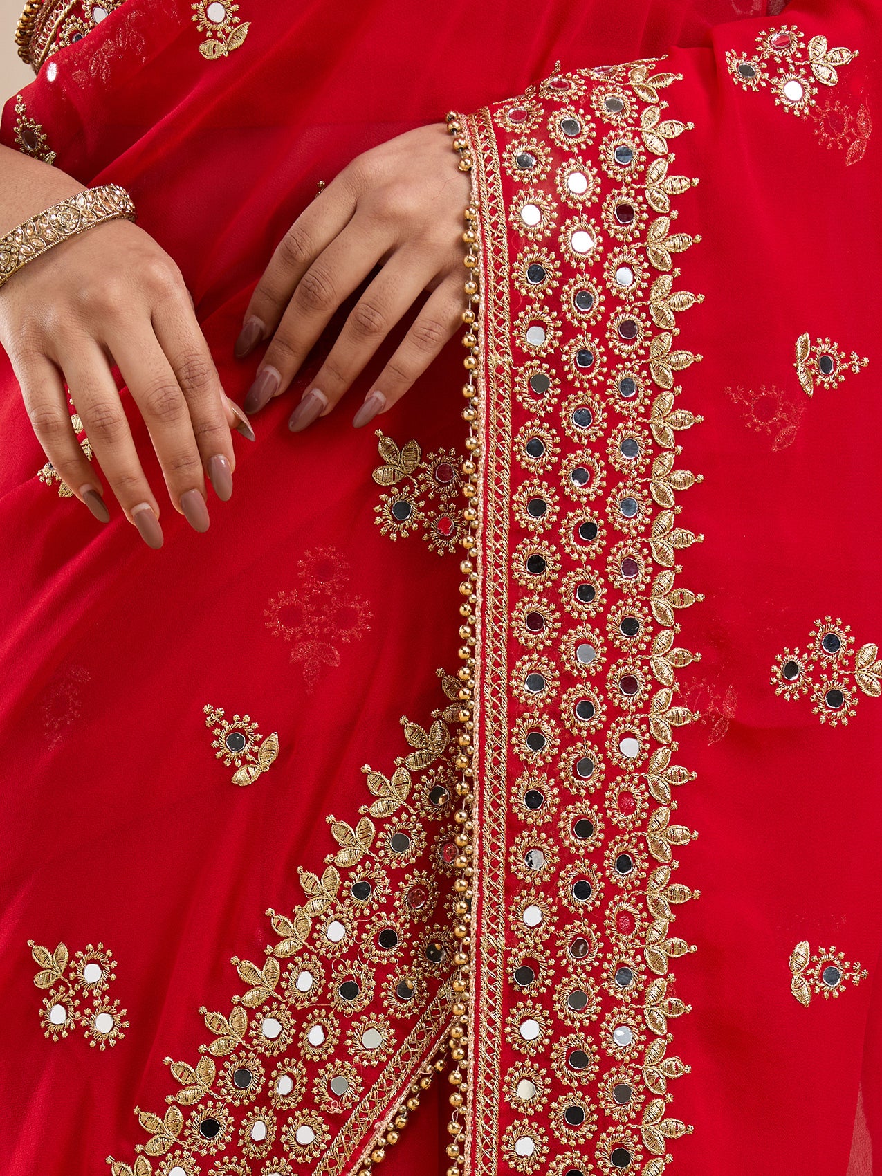 Vervee Couture Red Poly Georgette Saree with Embellished Border | EKA