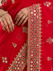 Vervee Couture Red Poly Georgette Saree with Embellished Border | EKA