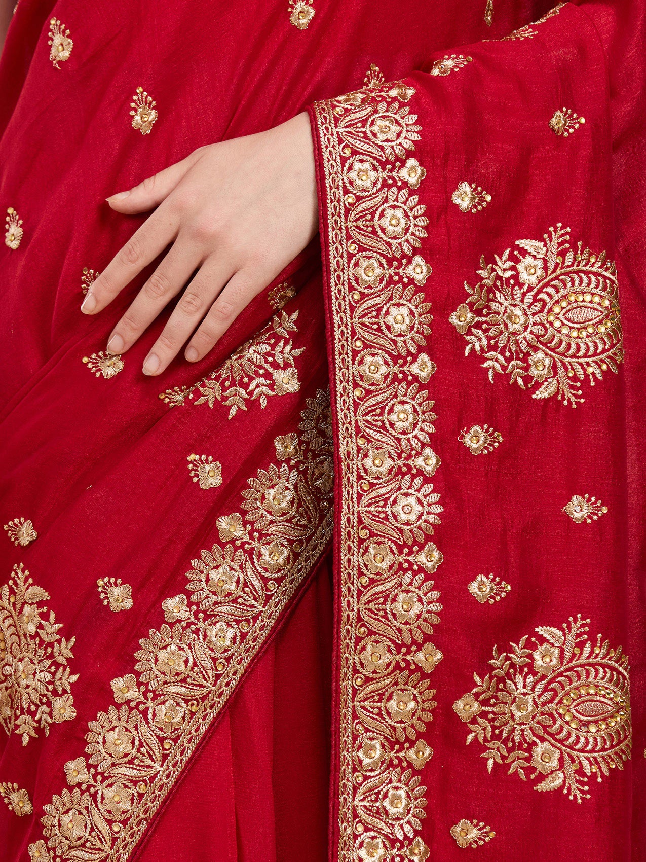 Vervee Couture Red Poly Georgette Saree with Subtle Zari Border | EKA