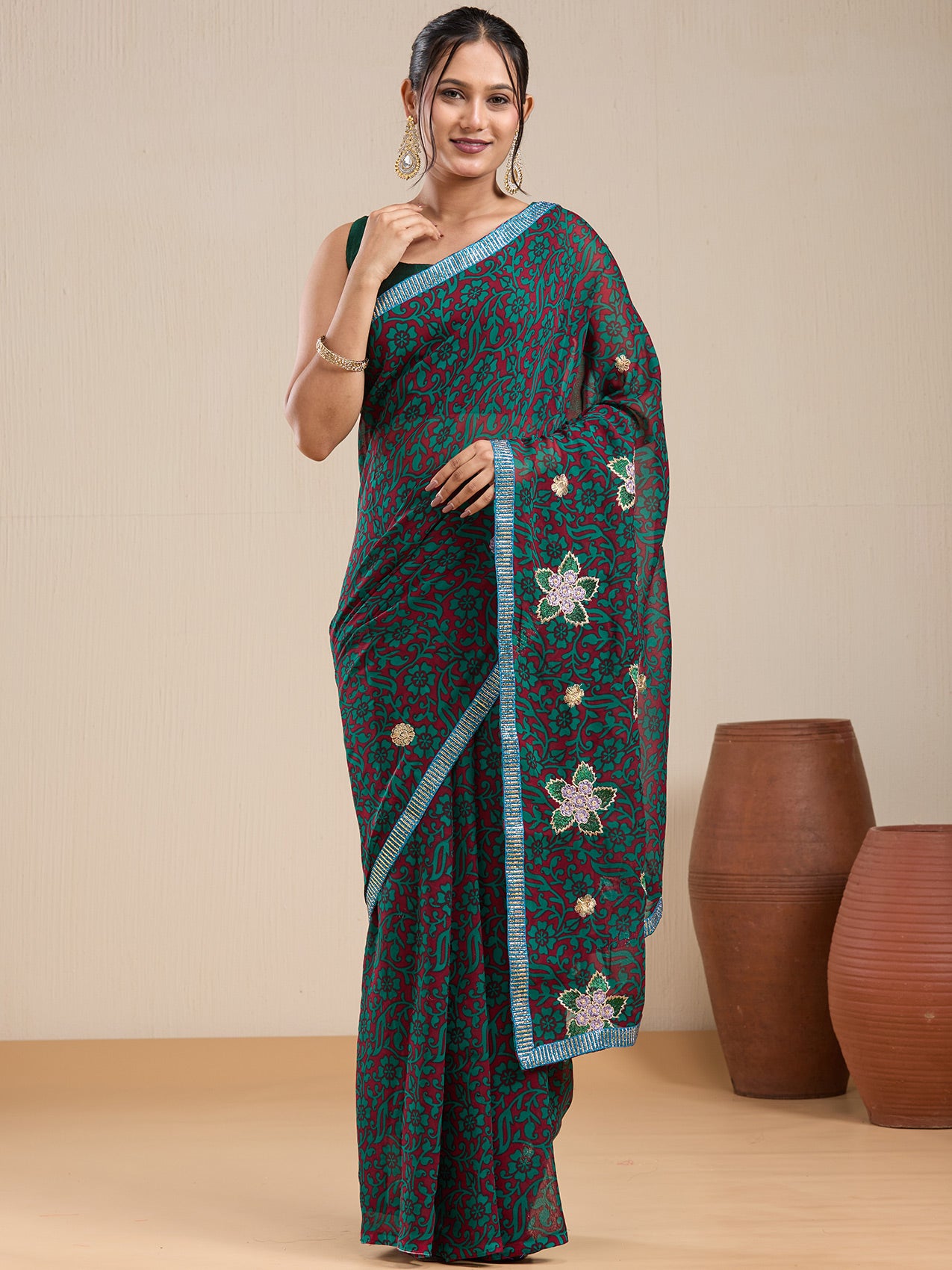 Vervee Couture Green Red Printed Poly Georgette Saree with Embroidered Border | EKA