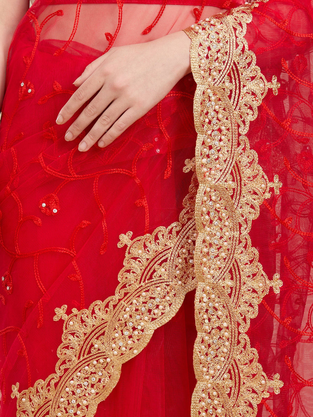 Vervee Couture Red Pure Net Saree with Floral Zari Border | EKA
