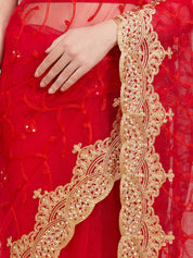 Vervee Couture Red Pure Net Saree with Floral Zari Border | EKA