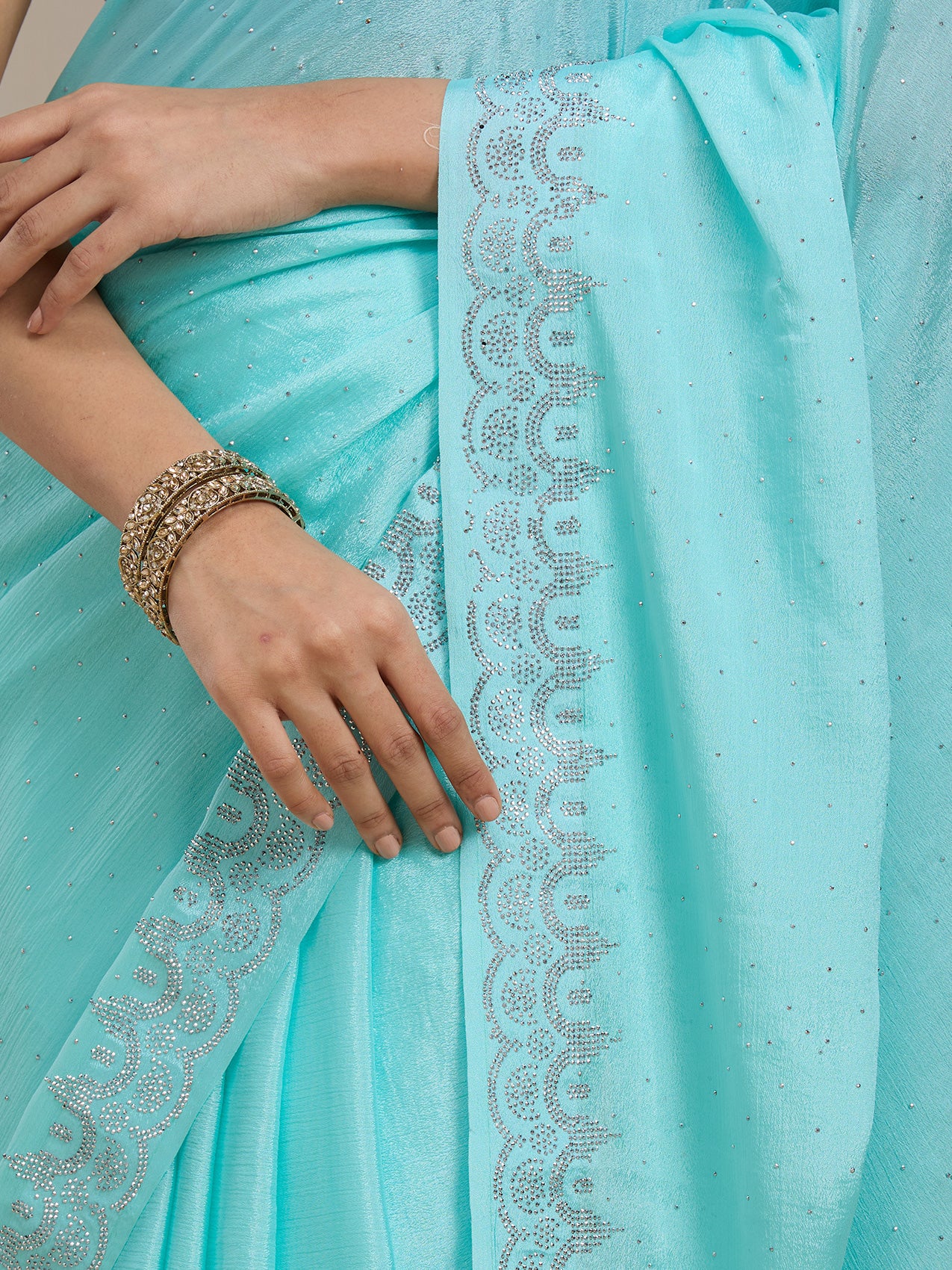 Vervee Couture Turquoise Blue Poly Georgette Embellished Saree | EKA