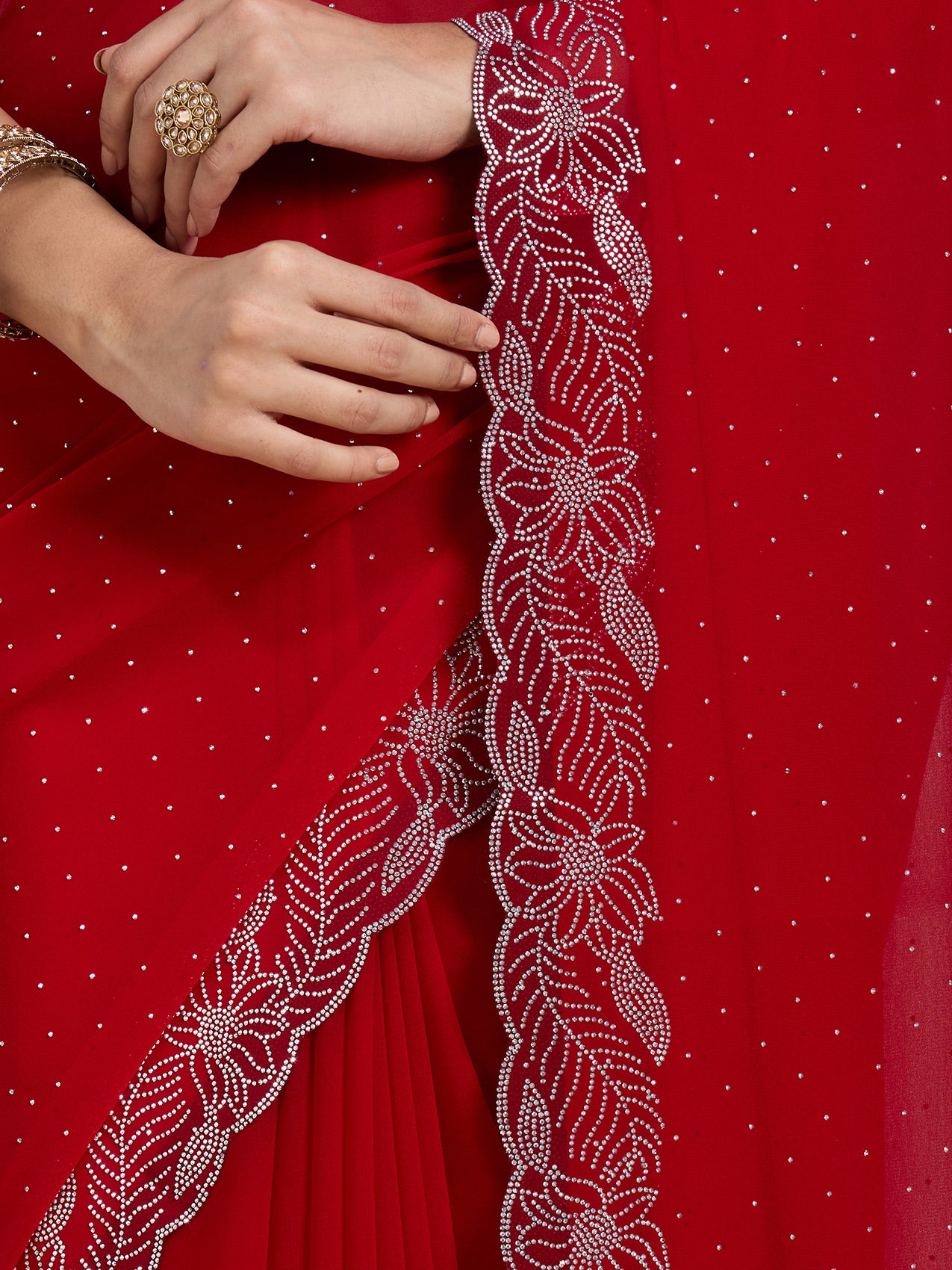 Vervee Couture Red Solid Poly Georgette Saree with Scalloped Border | EKA