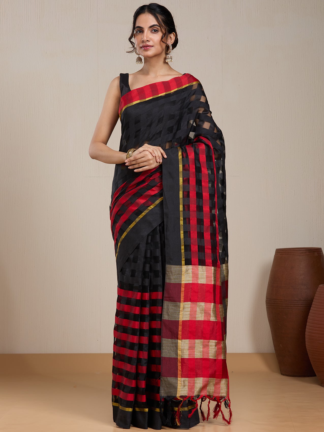 Vervee Couture Black Red Checked Silk Blend Saree | EKA
