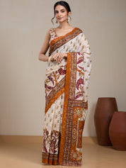 Vervee Couture Off White Silk Blend Saree with Zari Border and Semi Stitched Blouse | EKA