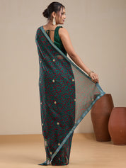 Vervee Couture Green Red Printed Poly Georgette Saree with Embroidered Border | EKA