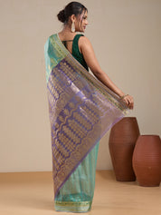 Vervee Couture Mint Green Silk Blend Saree with Purple Zari Border | EKA