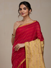 Vervee Couture Red Gold Striped Silk Blend Saree with Semi Stitched Blouse | EKA