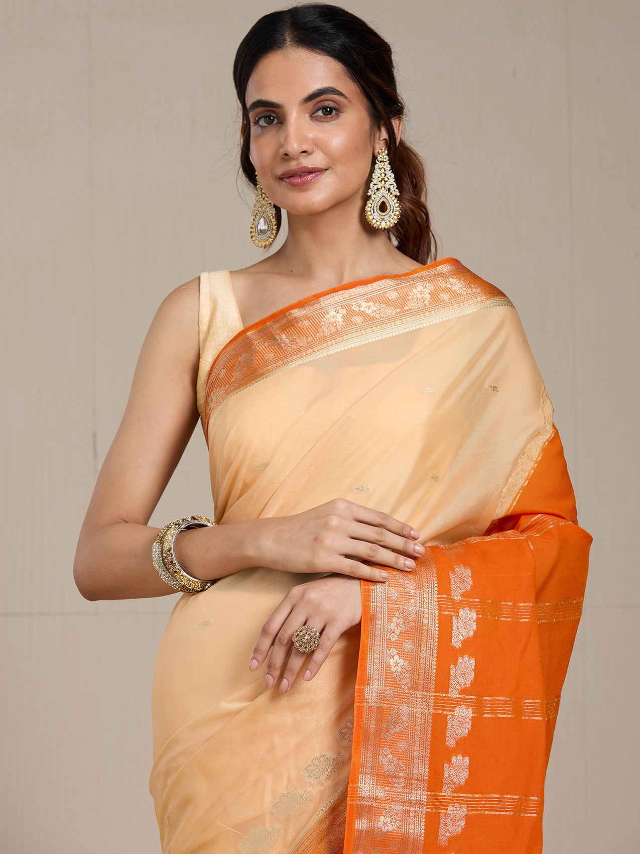 Vervee Couture Cream Orange Woven Silk Blend Saree | EKA