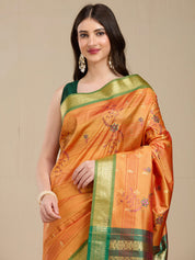 Vervee Couture Orange Silk Blend Saree with Green Zari Border | EKA