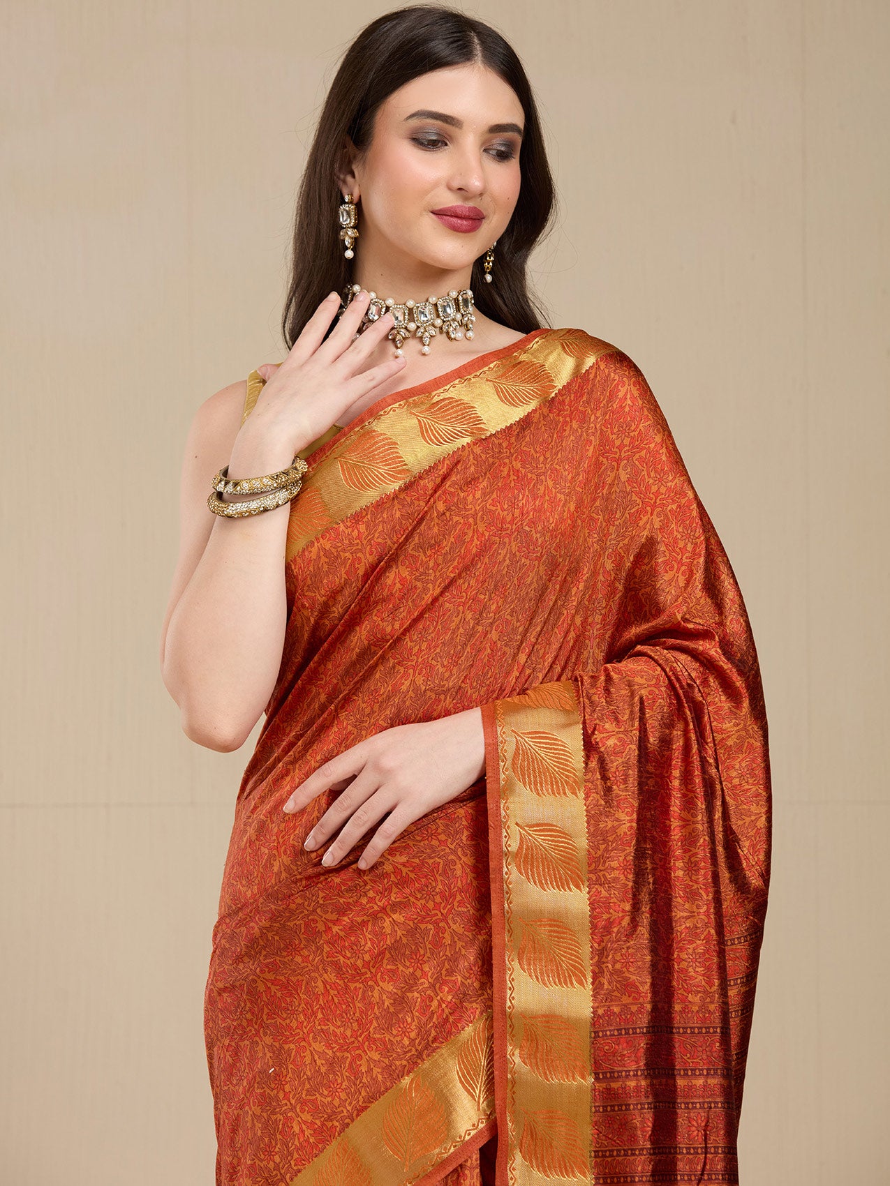 Vervee Couture Orange Silk Blend Saree with Zari Woven Design | EKA