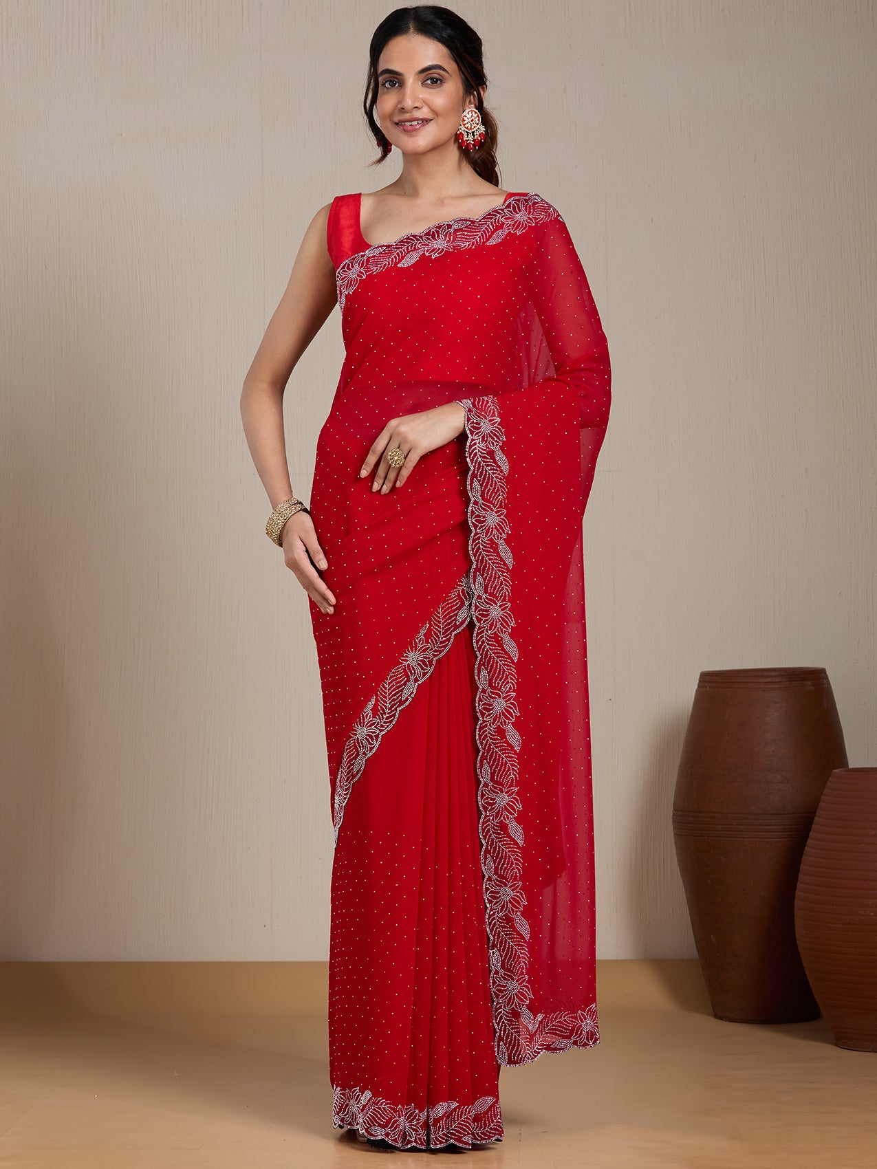 Vervee Couture Red Solid Poly Georgette Saree with Scalloped Border | EKA
