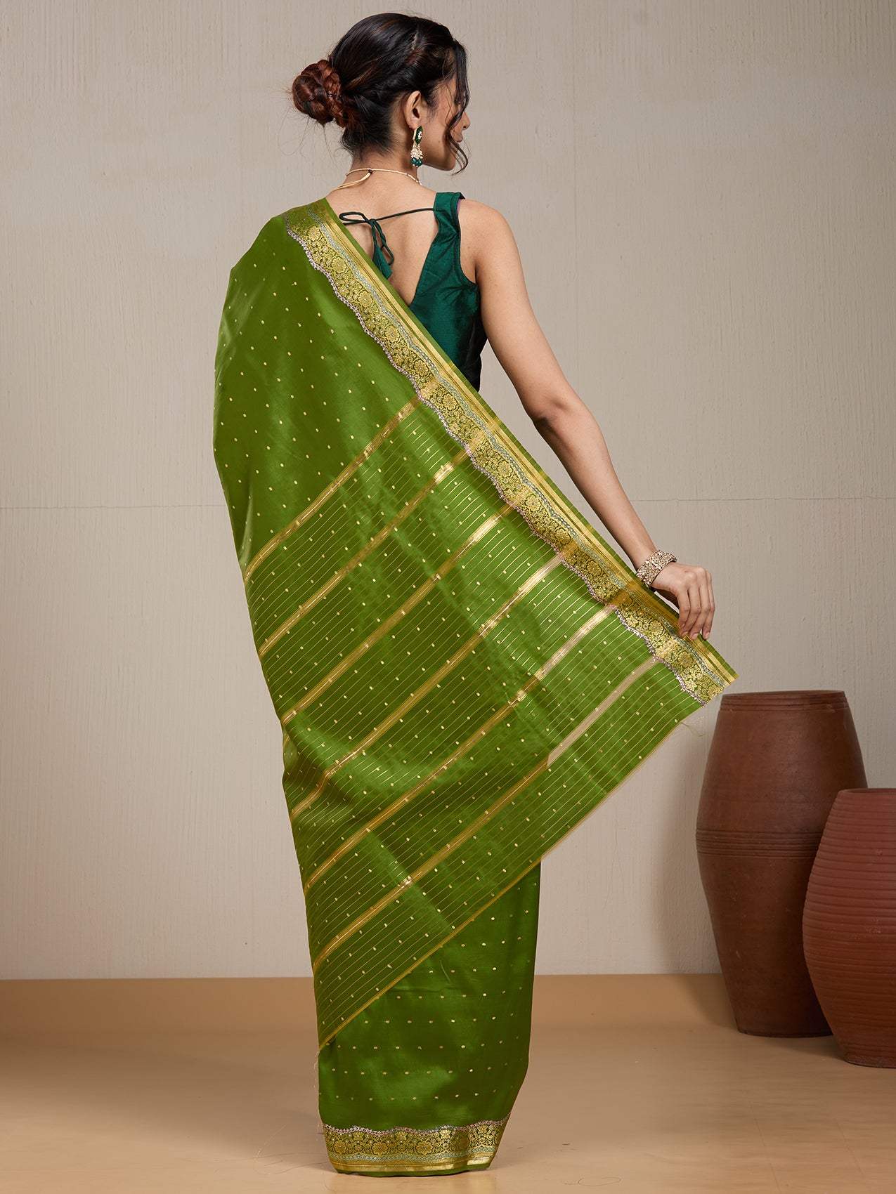 Vervee Couture Green Silk Blend Saree with Zari Border and Semi Stitched Blouse | EKA