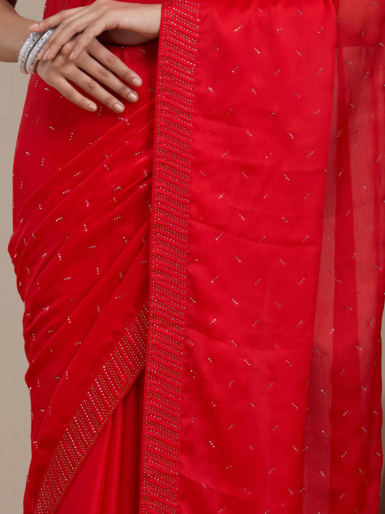 Vervee Couture Red Poly Georgette Embellished Saree | EKA