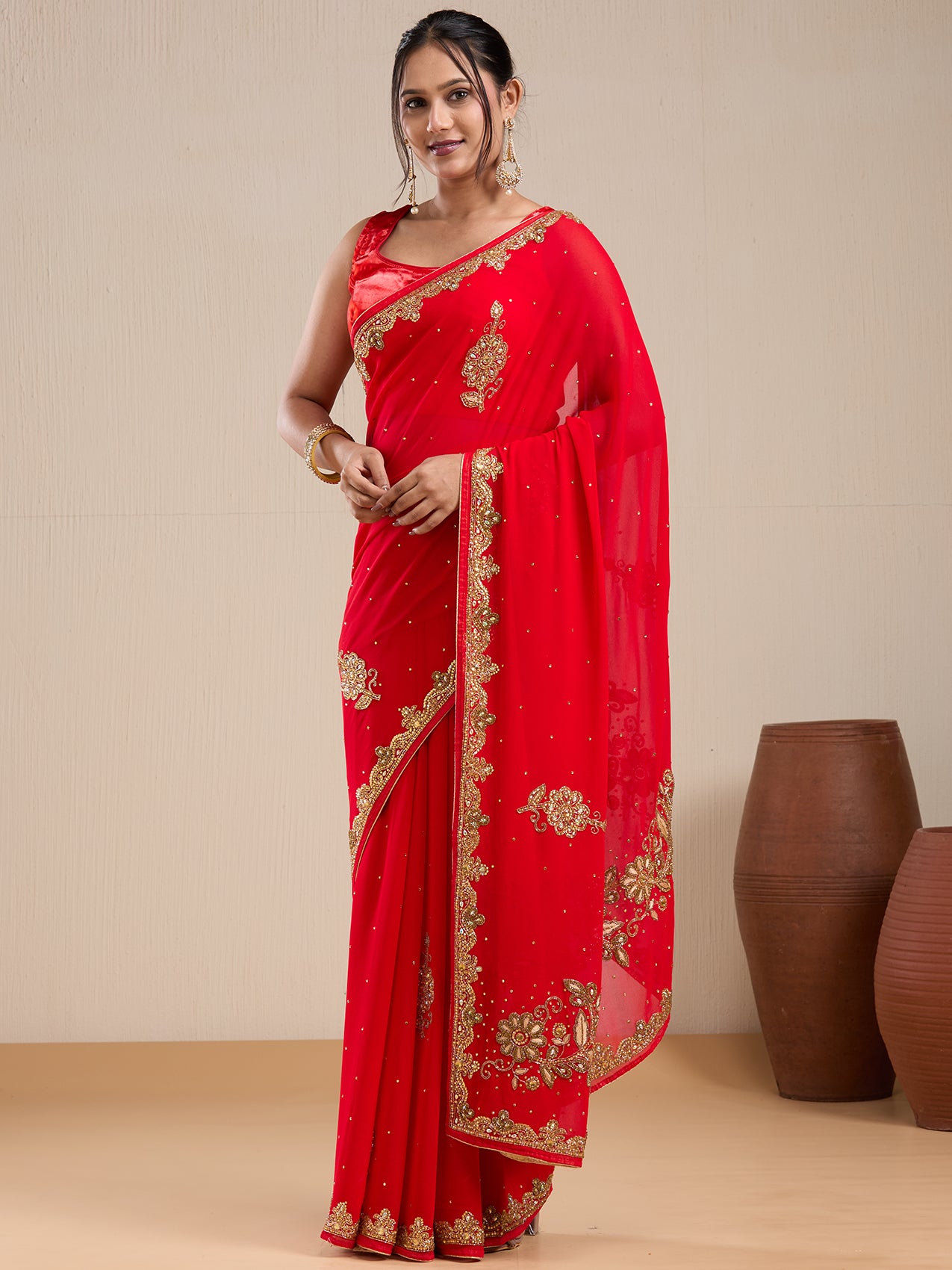 Vervee Couture Red Pure Georgette Saree with Embellished Border | EKA
