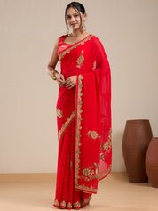 Vervee Couture Red Pure Georgette Saree with Embellished Border | EKA