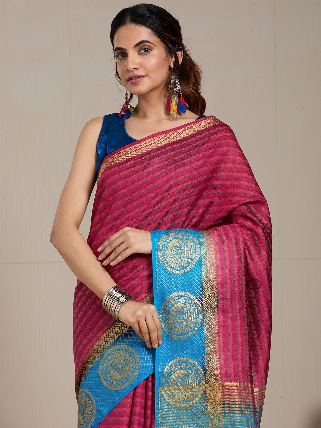 Vervee Couture Pink Turquoise Blue Woven Silk Blend Saree | EKA